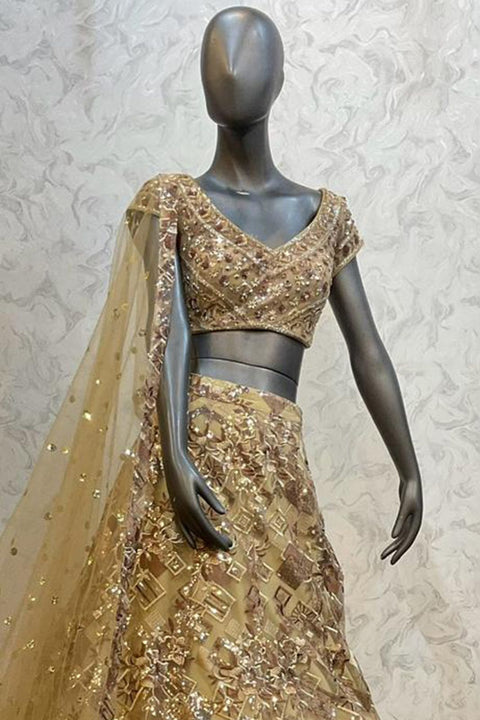 Golden Net Embroidery Floral Sequin Lehenga Set For Women (D390)