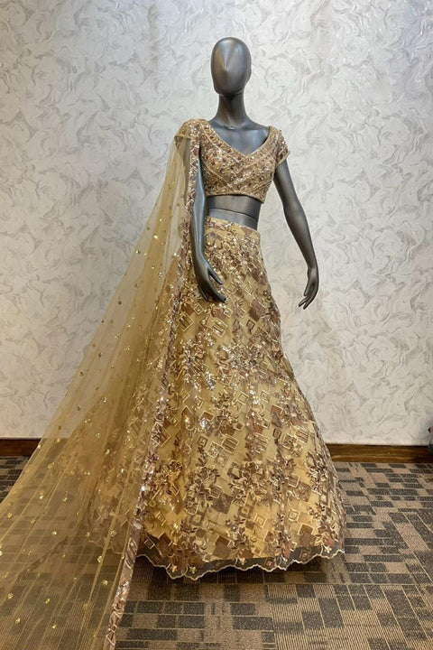 Golden Net Embroidery Floral Sequin Lehenga Set For Women (D390)