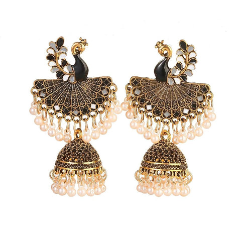 Antique Style Peacock Gold Beaded Ball Dangle Earrings (E834)