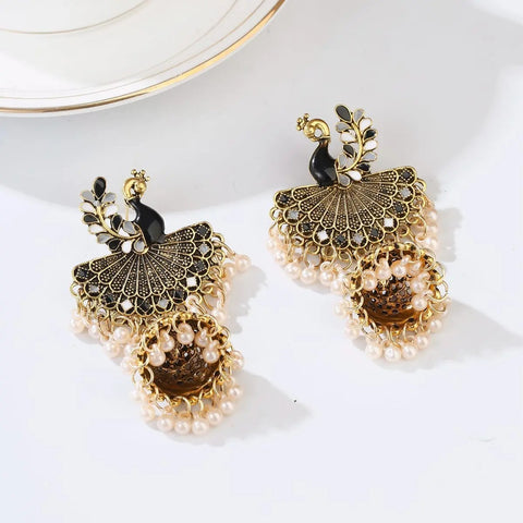 Antique Style Peacock Gold Beaded Ball Dangle Earrings (E834)