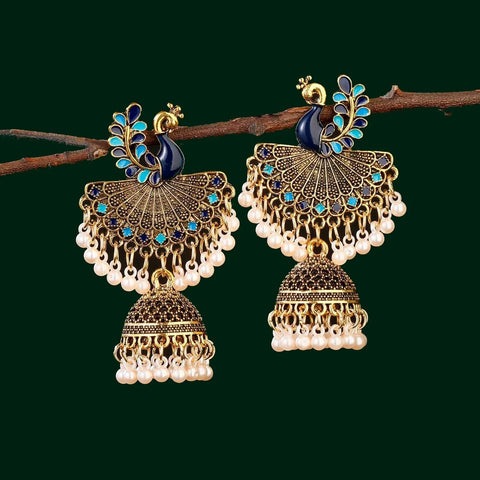 Antique Style Peacock Gold Beaded Ball Dangle Earrings (E834)