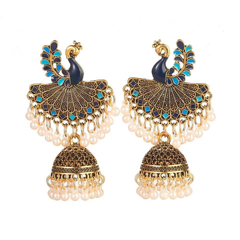 Antique Style Peacock Gold Beaded Ball Dangle Earrings (E834)