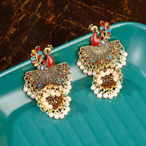 Antique Style Peacock Gold Beaded Ball Dangle Earrings (E834)