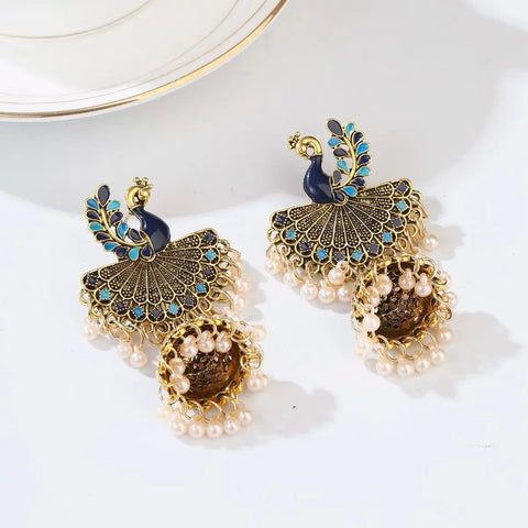 Antique Style Peacock Gold Beaded Ball Dangle Earrings (E834)