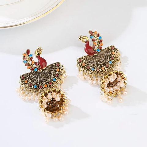 Antique Style Peacock Gold Beaded Ball Dangle Earrings (E834)