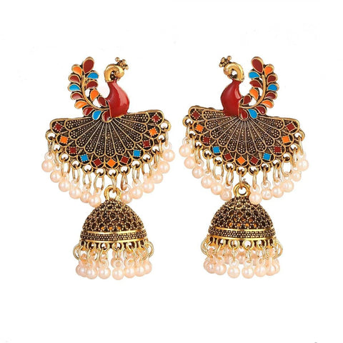 Antique Style Peacock Gold Beaded Ball Dangle Earrings (E834)