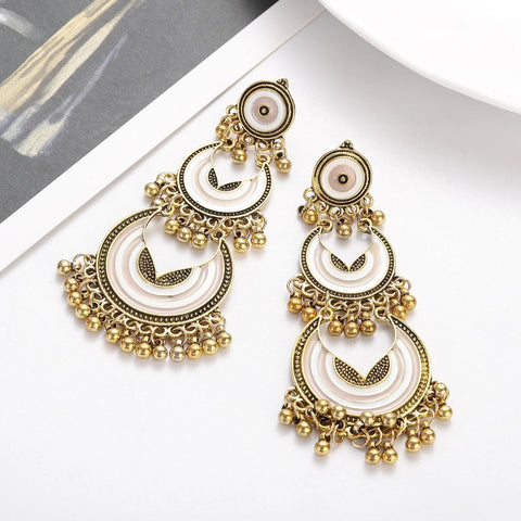 Long Dangle Circular Golden Beads Earrings (E836)