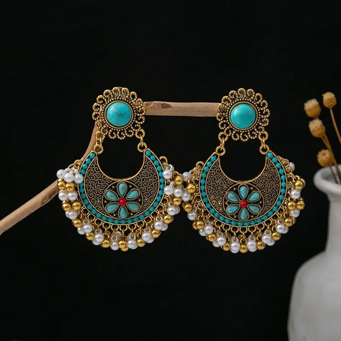 Bohemian Fashion Pearl Beads Tassel Vintage Hoop Earring (E838)
