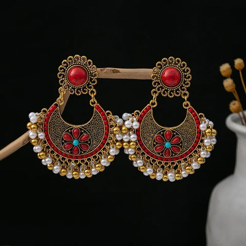 Bohemian Fashion Pearl Beads Tassel Vintage Hoop Earring (E838)
