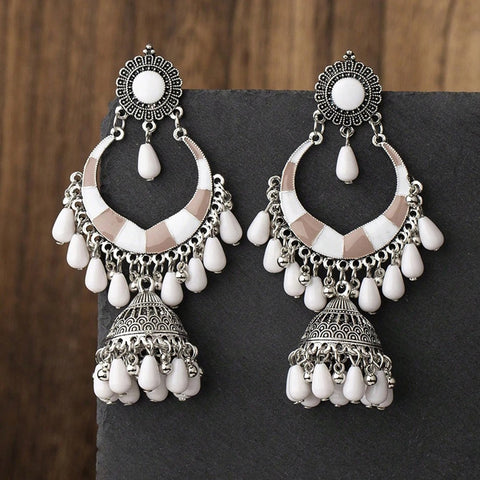 Bohemian Pink Red Beads Tassel Earrings for Women Afghan Gypsy Jewelry Retro Ethnic Silver Plated Bell Dangle Earring (E848)