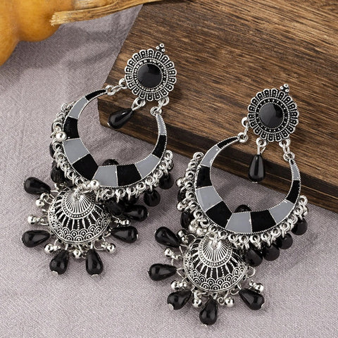 Bohemian Pink Red Beads Tassel Earrings for Women Afghan Gypsy Jewelry Retro Ethnic Silver Plated Bell Dangle Earring (E848)