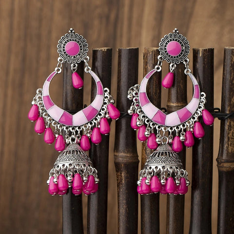 Bohemian Pink Red Beads Tassel Earrings for Women Afghan Gypsy Jewelry Retro Ethnic Silver Plated Bell Dangle Earring (E848)