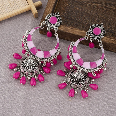 Bohemian Pink Red Beads Tassel Earrings for Women Afghan Gypsy Jewelry Retro Ethnic Silver Plated Bell Dangle Earring (E848)