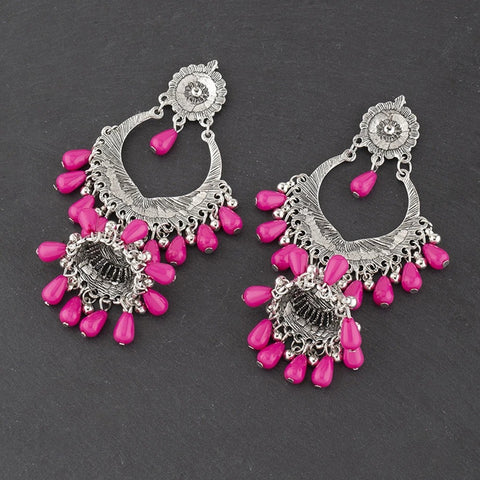 Bohemian Pink Red Beads Tassel Earrings for Women Afghan Gypsy Jewelry Retro Ethnic Silver Plated Bell Dangle Earring (E848)