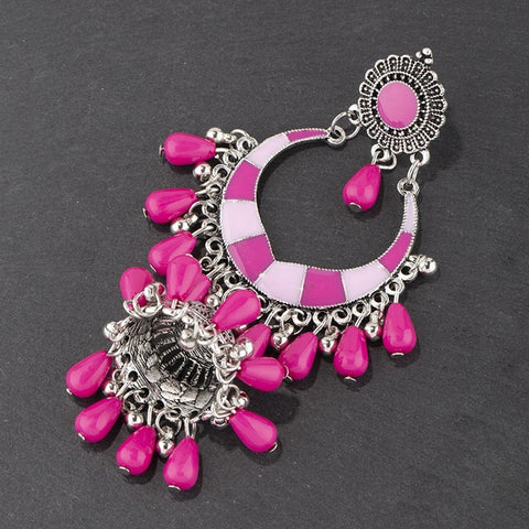 Bohemian Pink Red Beads Tassel Earrings for Women Afghan Gypsy Jewelry Retro Ethnic Silver Plated Bell Dangle Earring (E848)