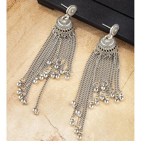 Oxidised Silver Beads Kundan Alloy Jhumki Earring (E844)