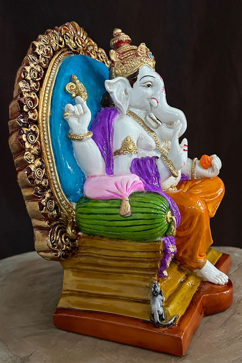 Resin Hand Made Sculpture of Singhasan Ganesh in Seating Position with Dynamic Multi Colour Ideal for Home puja and Gifting Purpose (D79)