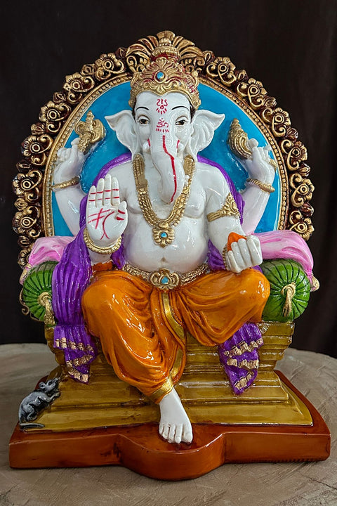 Resin Hand Made Sculpture of Singhasan Ganesh in Seating Position with Dynamic Multi Colour Ideal for Home puja and Gifting Purpose (D79)