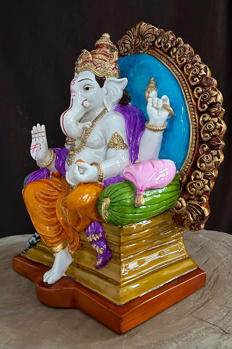 Resin Hand Made Sculpture of Singhasan Ganesh in Seating Position with Dynamic Multi Colour Ideal for Home puja and Gifting Purpose (D79)