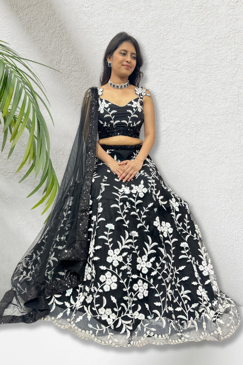 Sensational Black Color Net Embroidered Work Lehenga For Party Wear (D394)