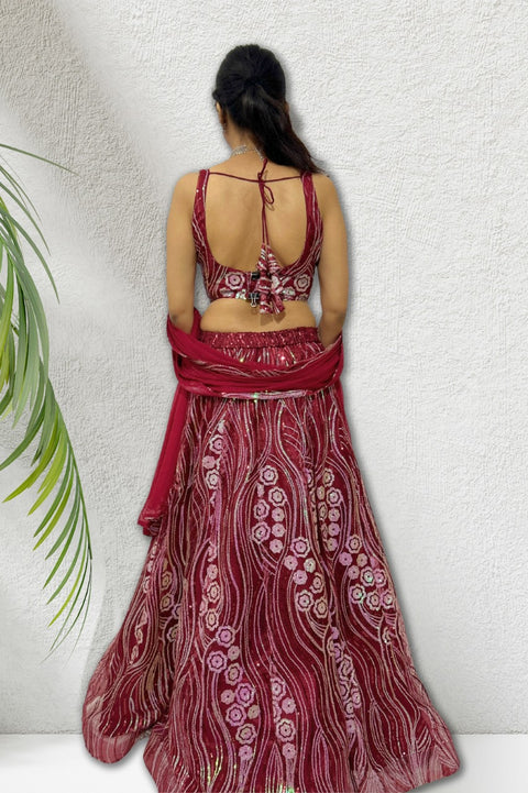 Maroon Color Net Embroidery Floral Sequin Lehenga Set For Women (D392)