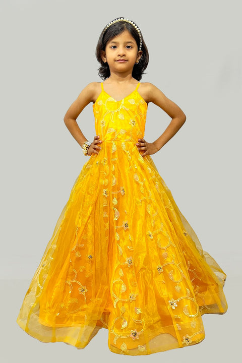 Yellow Color Girls Gown Full Length Party Dress Sleeveless (D84)