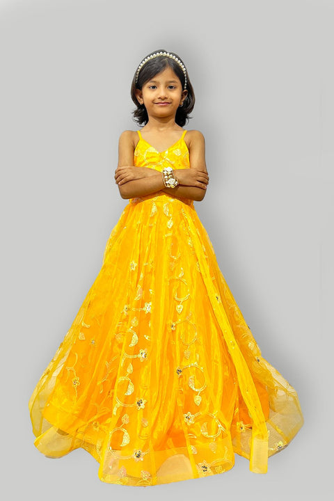 Yellow Color Girls Gown Full Length Party Dress Sleeveless (D84)