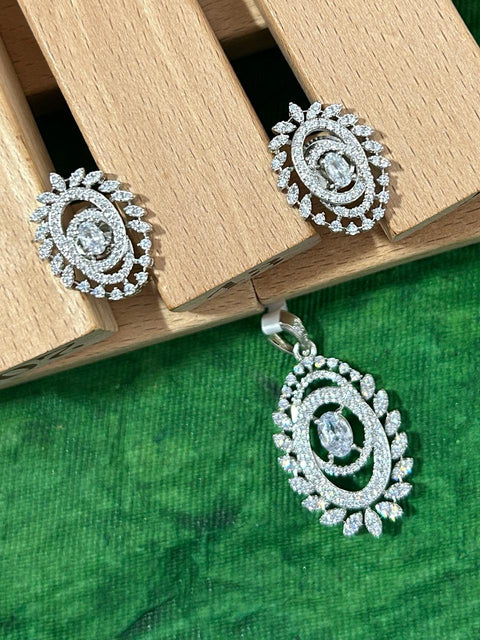 American Diamond Silver & Golden Toned Floral Pendant Set With Earrings For Women And Girls (D871)