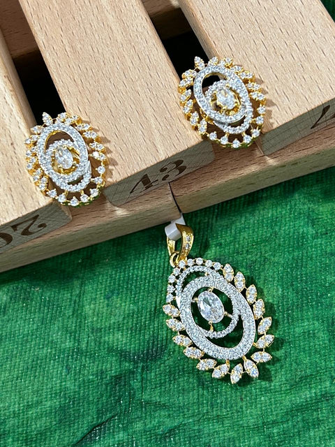 American Diamond Silver & Golden Toned Floral Pendant Set With Earrings For Women And Girls (D871)