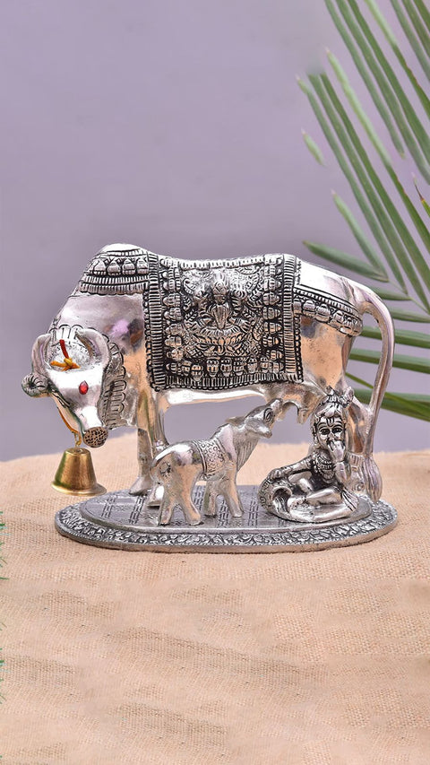 Silver Kamdhenu Cow and Calf with Balkrishna