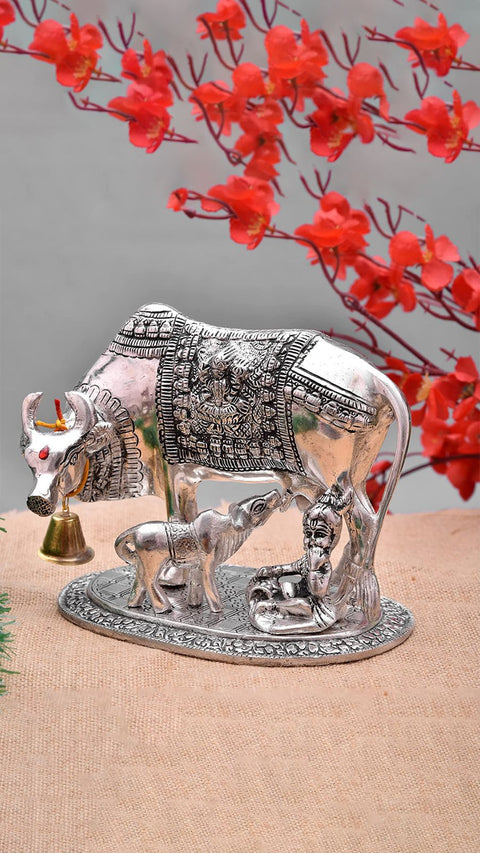 Silver Kamdhenu Cow and Calf with Balkrishna