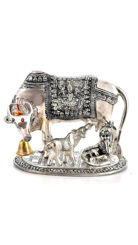 Silver Kamdhenu Cow and Calf with Balkrishna