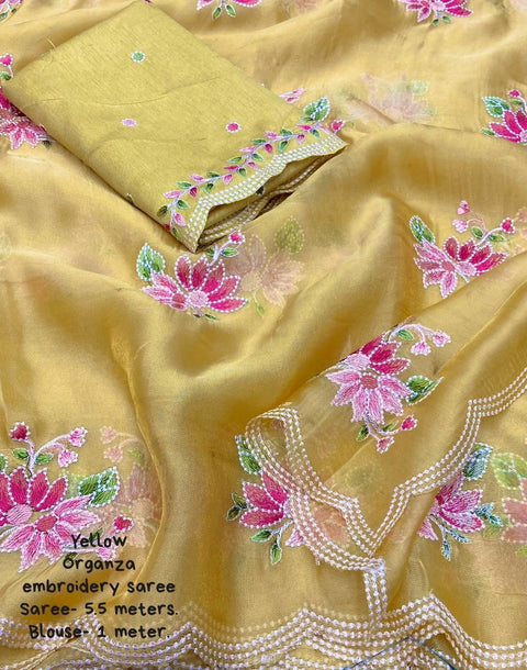 Designer Yellow Color Floral Embroidered Organza Saree for Casual Wear (D770)