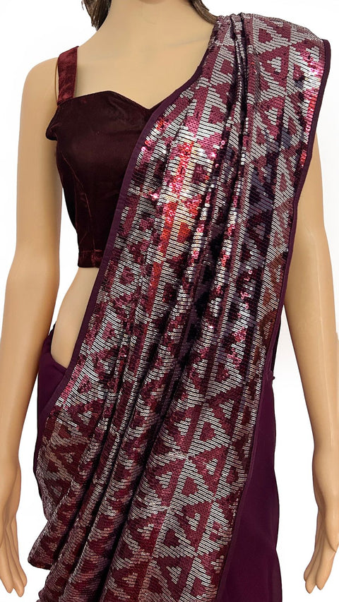 Glitterati Wine Georgette Sequin Embellished Saree For Party Wear (D765)