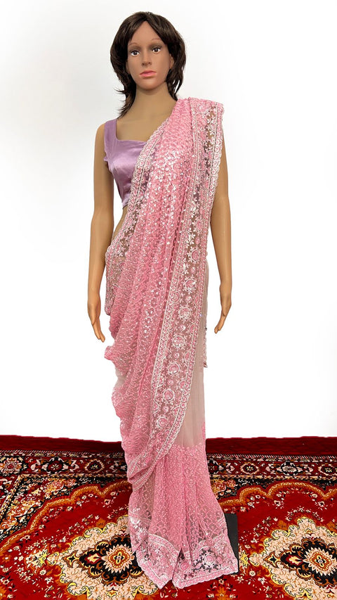 Pretty Pink Color Net Saree With Beautiful Thread And Sequence Work For Party Wear (D767)