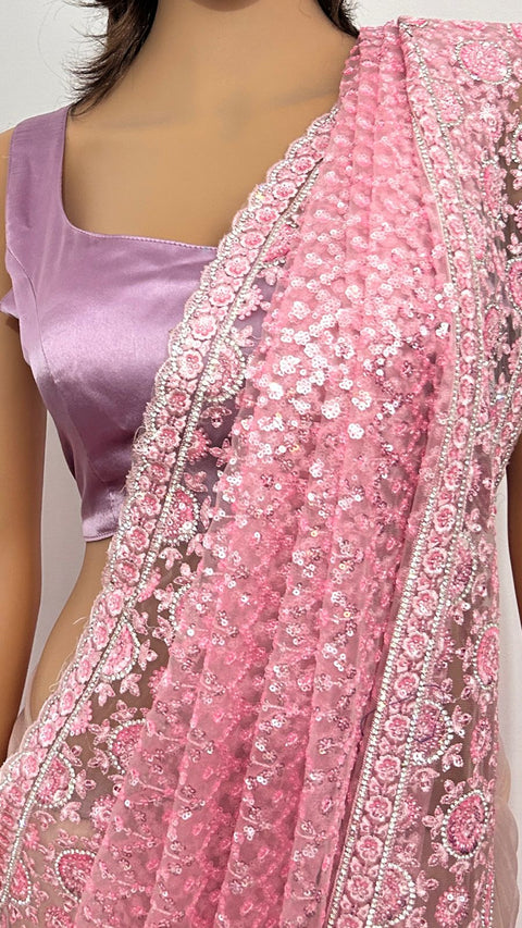 Pretty Pink Color Net Saree With Beautiful Thread And Sequence Work For Party Wear (D767)
