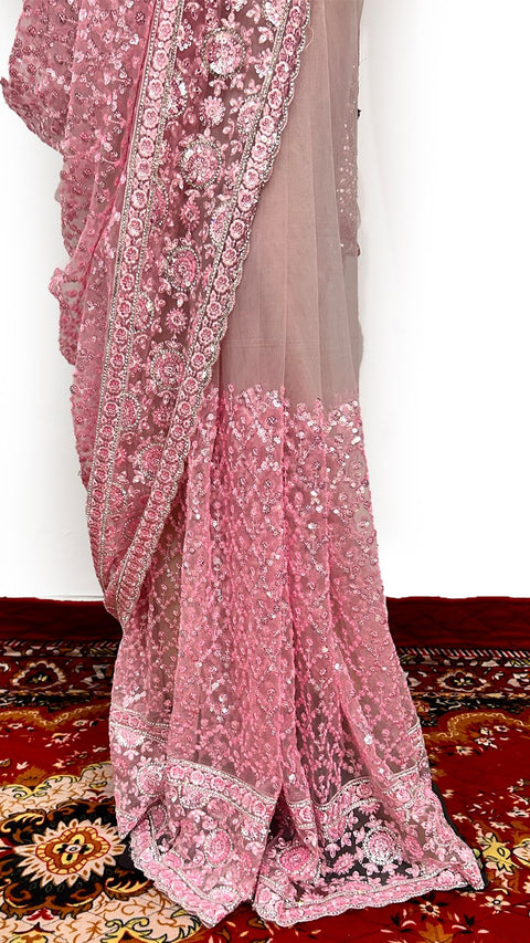 Pretty Pink Color Net Saree With Beautiful Thread And Sequence Work For Party Wear (D767)