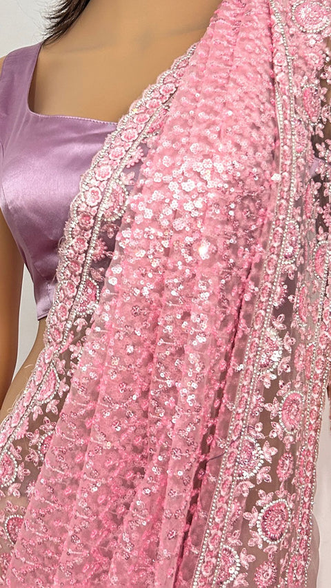 Pretty Pink Color Net Saree With Beautiful Thread And Sequence Work For Party Wear (D767)