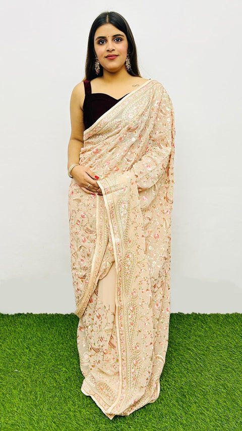 Designer Peach Color Georgette Saree with Sequins Embroidery & Handwork (D768)