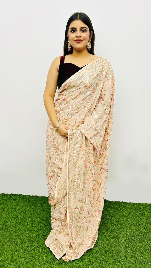 Designer Peach Color Georgette Saree with Sequins Embroidery & Handwork (D768)