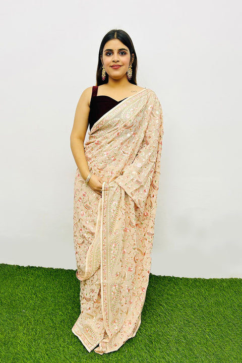Designer Peach Color Georgette Saree with Sequins Embroidery & Handwork (D768)