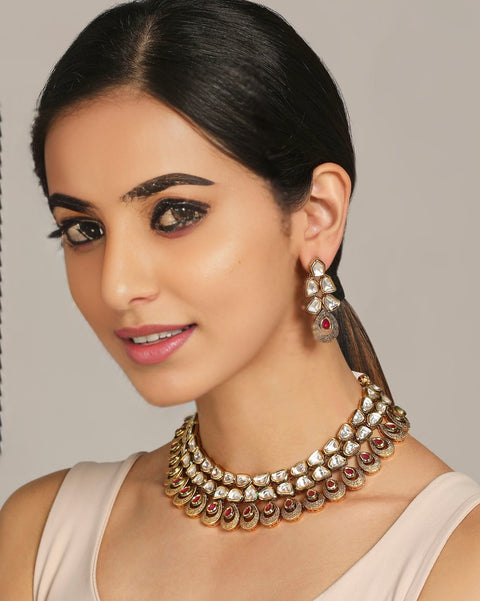 Designer Gold Plated Royal Kundan Necklace with Earrings (D817)