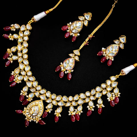 Designer Gold Plated Royal Kundan Necklace with Earrings & Mangtikka (D771)
