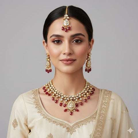 Designer Gold Plated Royal Kundan Necklace with Earrings & Mangtikka (D771)