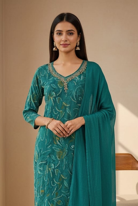 Teal Green Milano Printed Suit & Pant With Chiffon Dupatta (D2039)