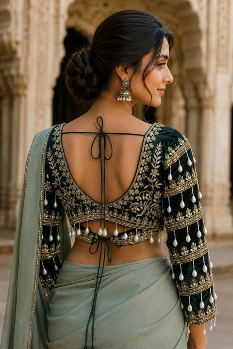 Elegant Green Zari & Kodi Work Readymade Blouse in Silk (Design 1786)