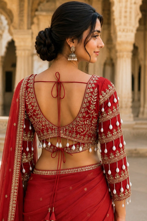 Elegant Red Zari & Kodi Work Readymade Blouse in Silk (Design 1785)