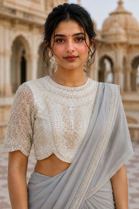 Elegant White Beads & Moti Readymade Blouse in Net (Design 1788)