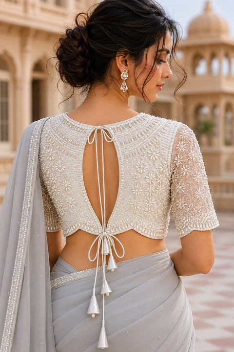 Elegant White Beads & Moti Readymade Blouse in Net (Design 1788)