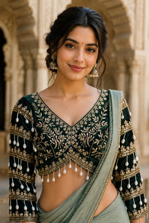 Elegant Green Zari & Kodi Work Readymade Blouse in Silk (Design 1786)